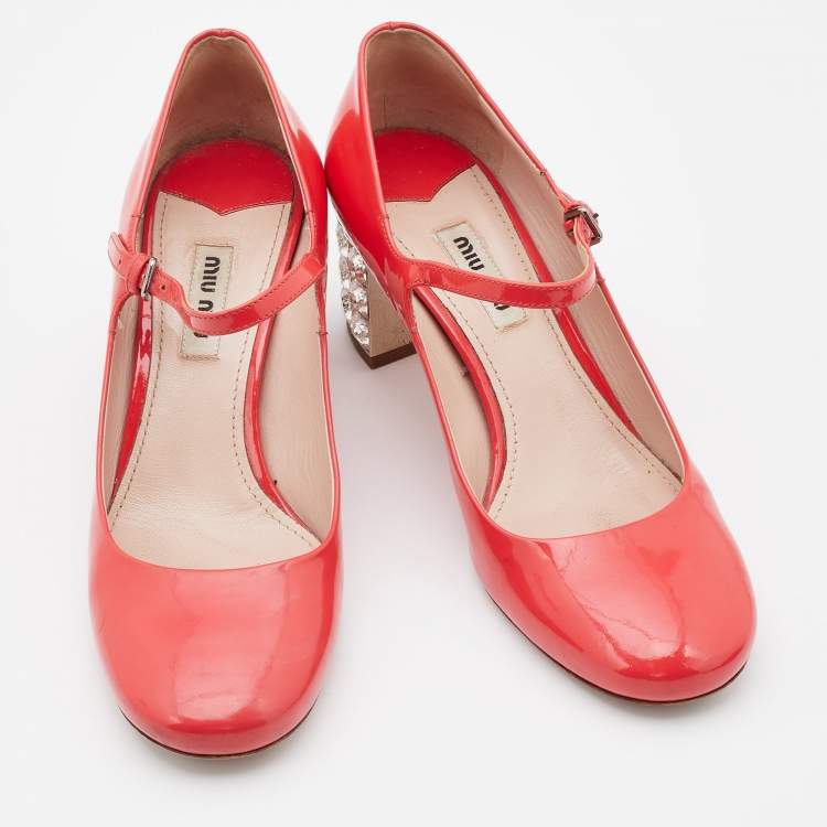 Pre Owned Miu Miu Coral Pink Patent Leather Crystal Embellished Block Heel Mary Jane Pumps Size 37