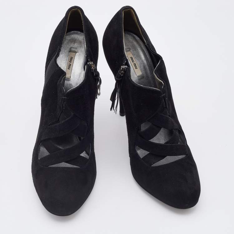 Pre Owned Miu Miu Black Suede and Stretch Fabric Cut-Out Booties Size 40