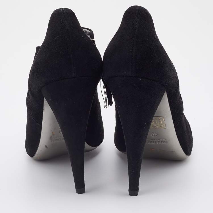Pre Owned Miu Miu Black Suede and Stretch Fabric Cut-Out Booties Size 40