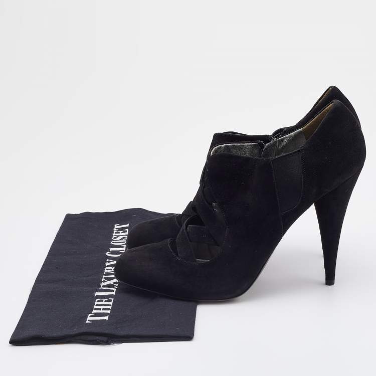 Pre Owned Miu Miu Black Suede and Stretch Fabric Cut-Out Booties Size 40