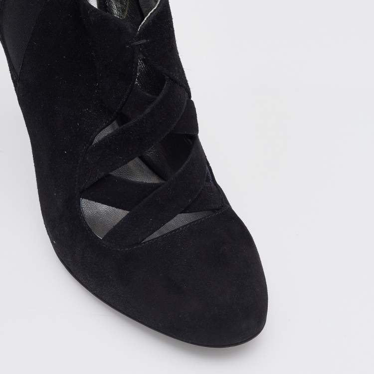 Pre Owned Miu Miu Black Suede and Stretch Fabric Cut-Out Booties Size 40