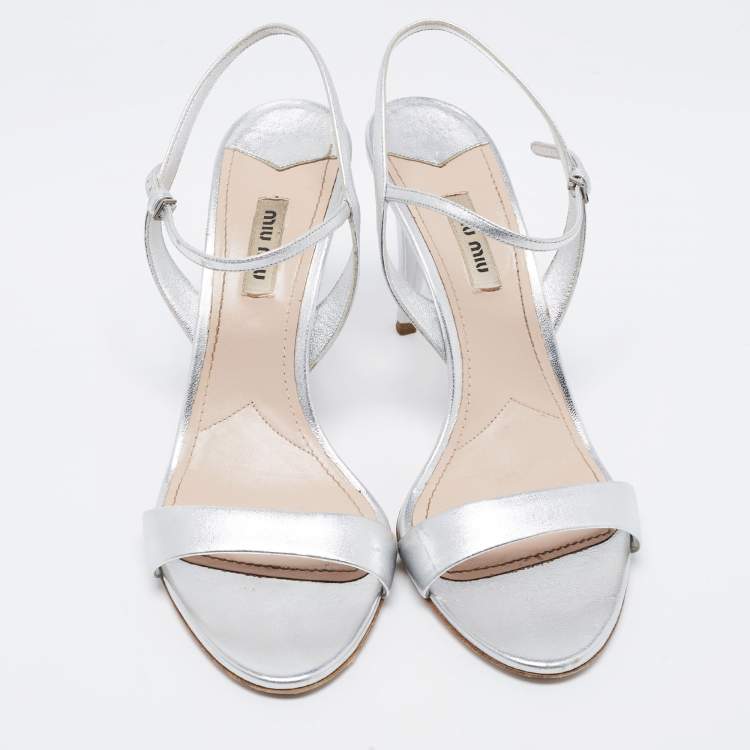 Pre Owned Miu Miu Silver Leather Crystal Embellished Ankle Strap Sandals Size 40.5