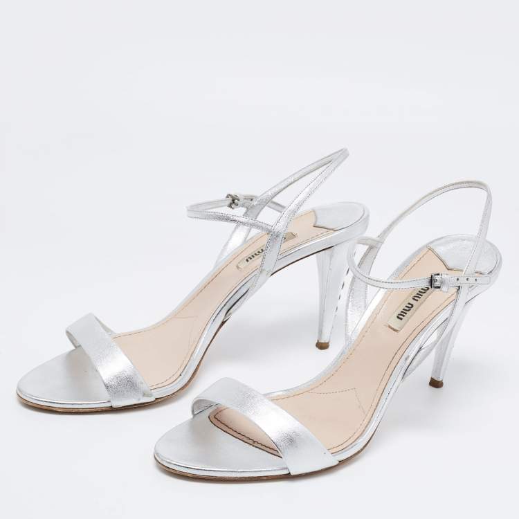 Pre Owned Miu Miu Silver Leather Crystal Embellished Ankle Strap Sandals Size 40.5