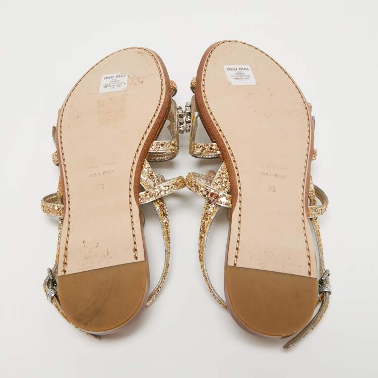 Pre Owned Miu Miu Gold/Silver Glitter and Leather Crystal Embellished Flat Sandals Size 36