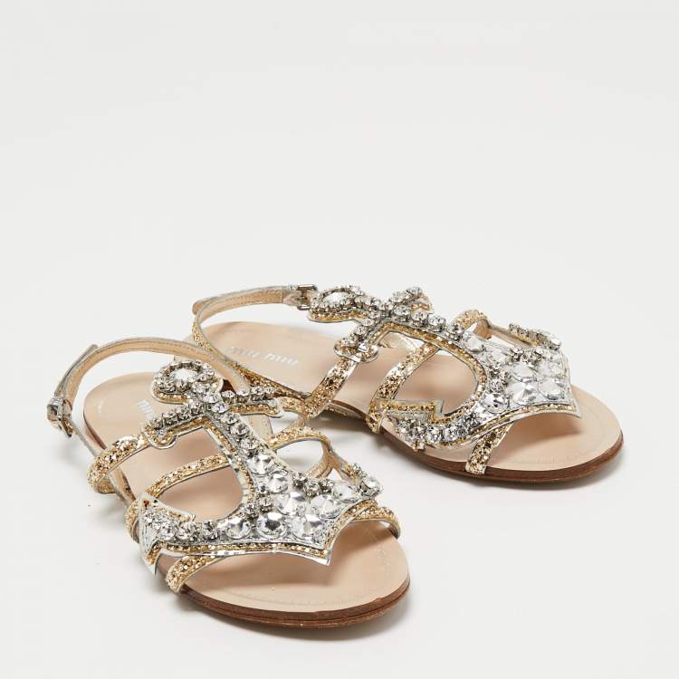 Pre Owned Miu Miu Gold/Silver Glitter and Leather Crystal Embellished Flat Sandals Size 36