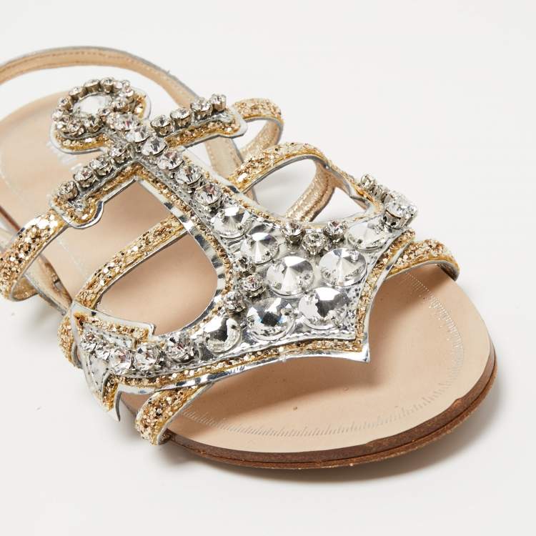 Pre Owned Miu Miu Gold/Silver Glitter and Leather Crystal Embellished Flat Sandals Size 36