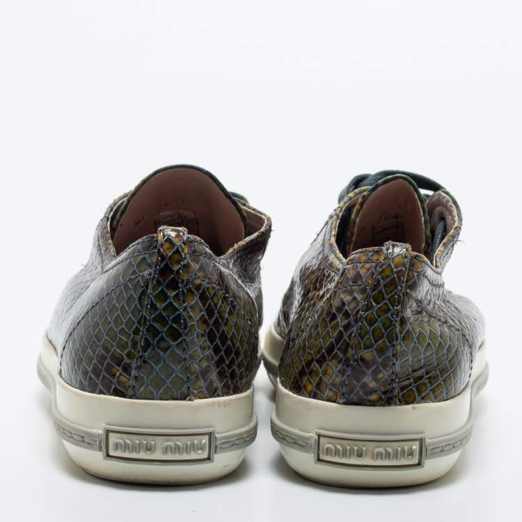 Pre Owned Miu Miu Dark Green Python Embossed Embellished Cap Toe Sneakers Size 39