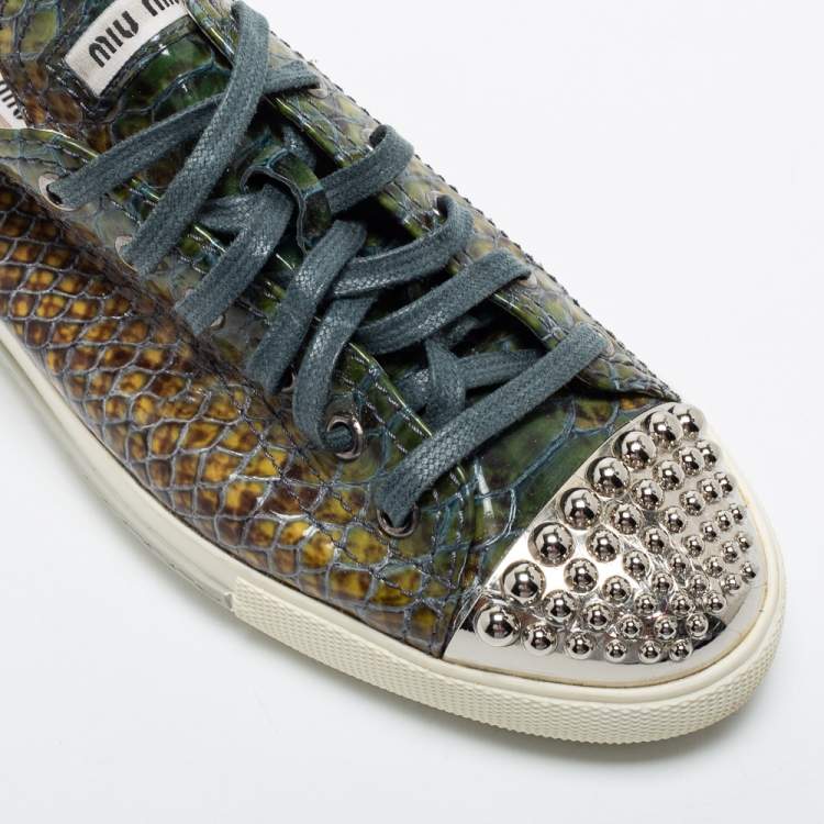 Pre Owned Miu Miu Dark Green Python Embossed Embellished Cap Toe Sneakers Size 39