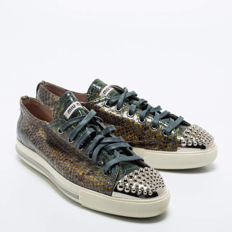 Pre Owned Miu Miu Dark Green Python Embossed Embellished Cap Toe Sneakers Size 39