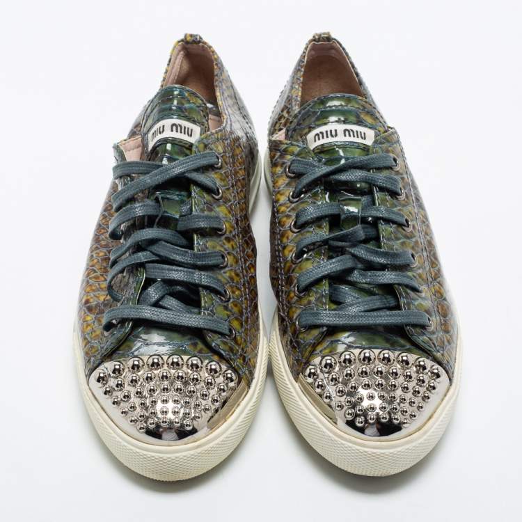 Pre Owned Miu Miu Dark Green Python Embossed Embellished Cap Toe Sneakers Size 39