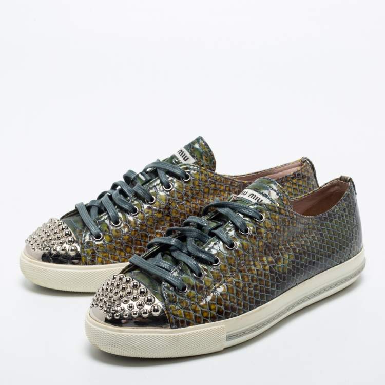 Pre Owned Miu Miu Dark Green Python Embossed Embellished Cap Toe Sneakers Size 39