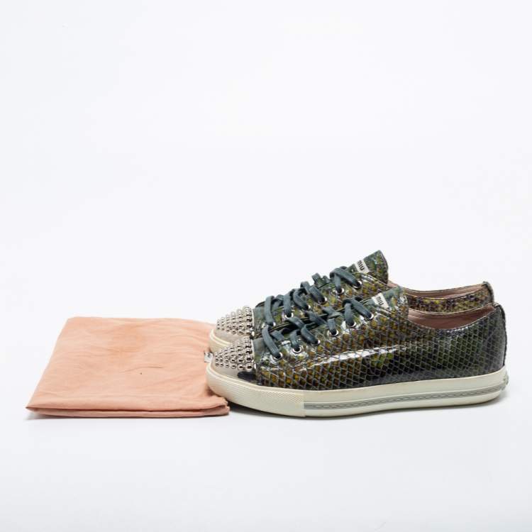 Pre Owned Miu Miu Dark Green Python Embossed Embellished Cap Toe Sneakers Size 39