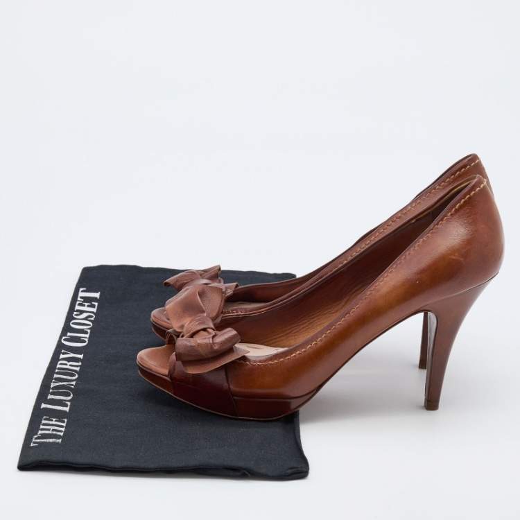 Pre Owned Miu Miu Dark Brown Leather Bow Peep Toe Pumps Size 38