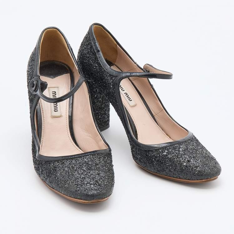 مملوكة مسبقًا Miu Miu Black Glitter and Patent Leather Mary Jane Pumps Size 38