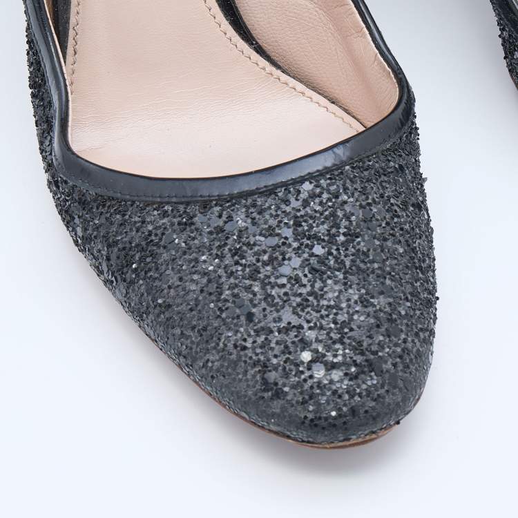 مملوكة مسبقًا Miu Miu Black Glitter and Patent Leather Mary Jane Pumps Size 38