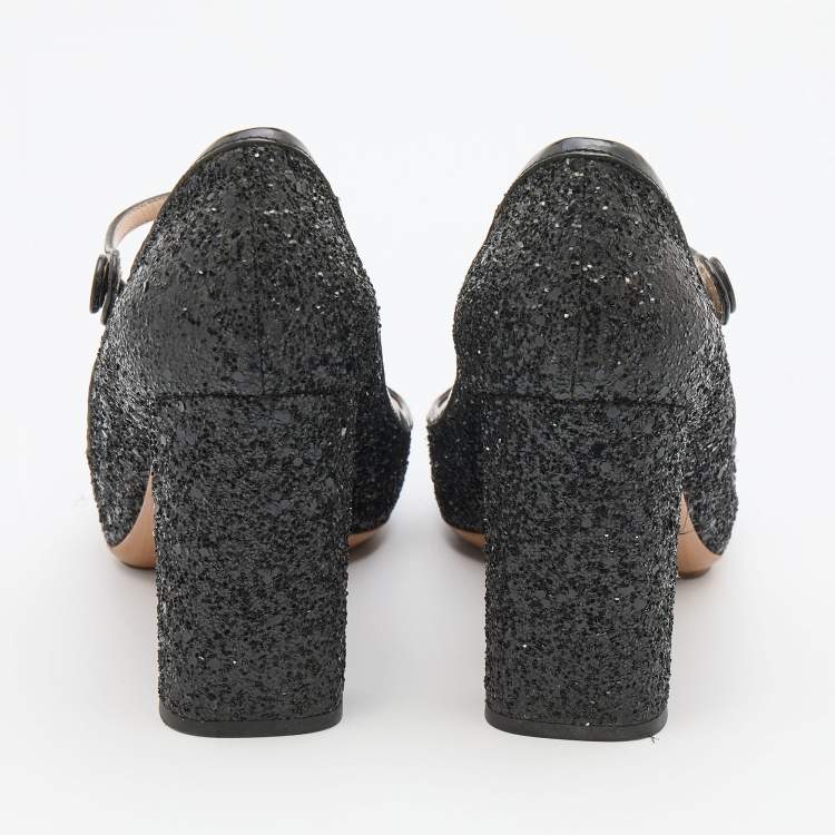مملوكة مسبقًا Miu Miu Black Glitter and Patent Leather Mary Jane Pumps Size 38
