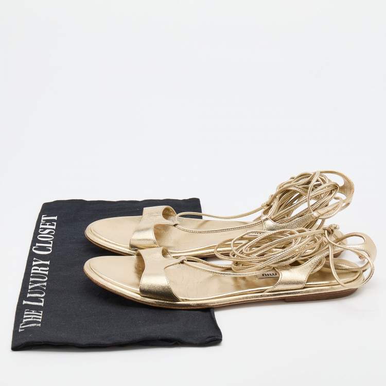 Pre Owned Miu Miu Gold Leather Flat Ankle Wrap Sandals Size 37