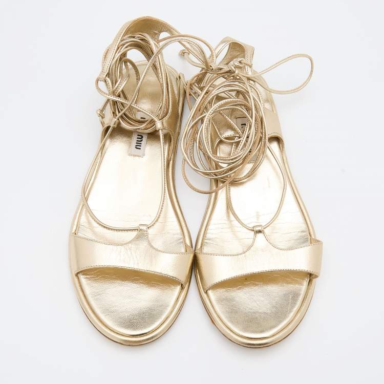 Pre Owned Miu Miu Gold Leather Flat Ankle Wrap Sandals Size 37