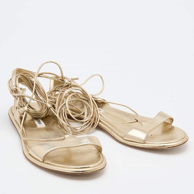 Pre Owned Miu Miu Gold Leather Flat Ankle Wrap Sandals Size 37