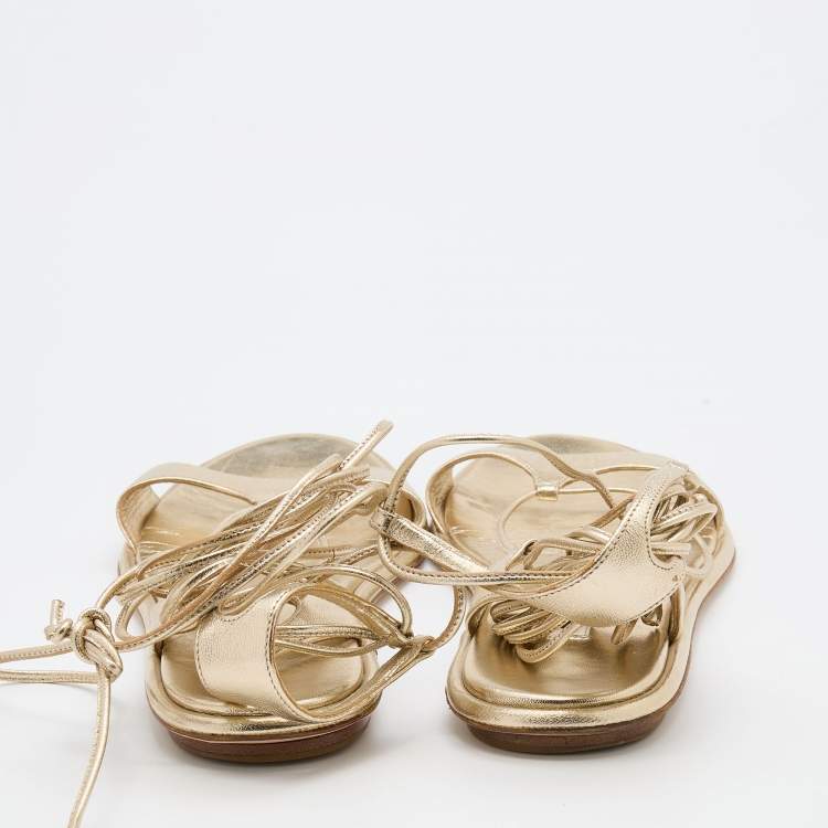 Pre Owned Miu Miu Gold Leather Flat Ankle Wrap Sandals Size 37