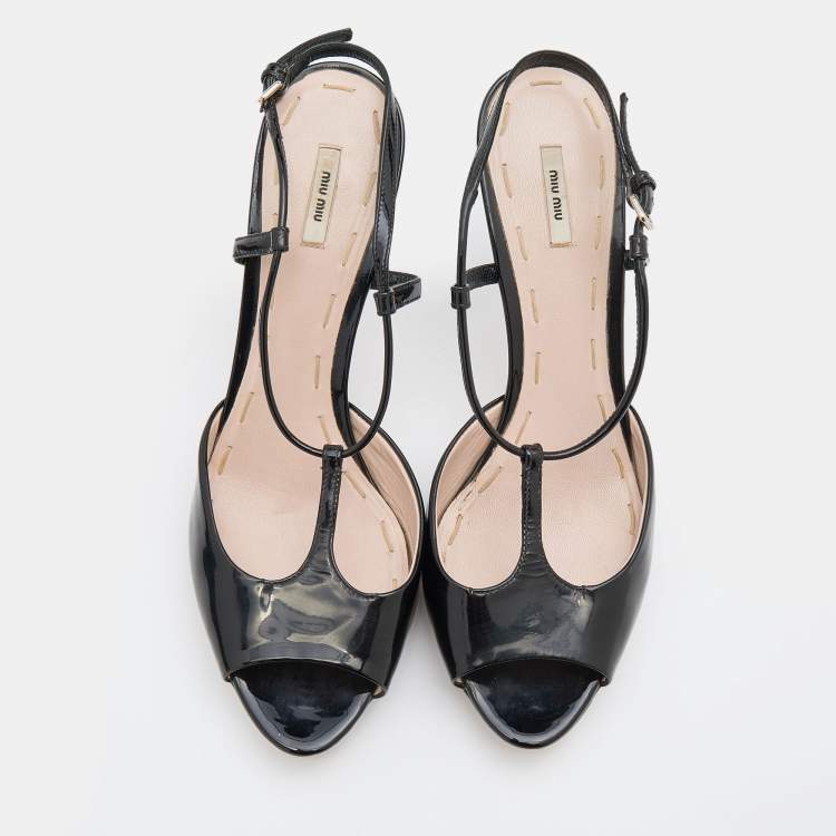 Pre Owned Miu Miu Black Patent Leather T-Strap Sandals Size 39