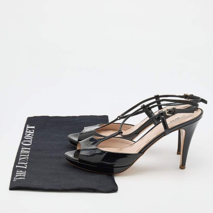 Pre Owned Miu Miu Black Patent Leather T-Strap Sandals Size 39