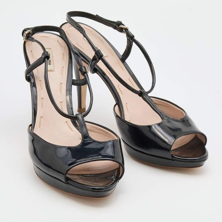 Pre Owned Miu Miu Black Patent Leather T-Strap Sandals Size 39
