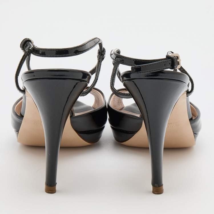 Pre Owned Miu Miu Black Patent Leather T-Strap Sandals Size 39