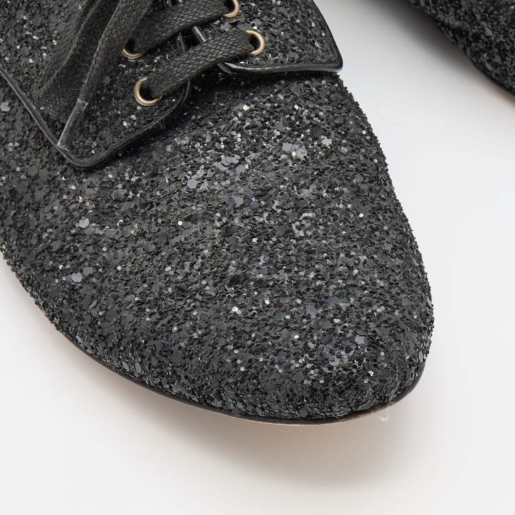 Pre Owned Miu Miu Black Glitter Crystal Embellished Heels Lace Up Derby Size 38