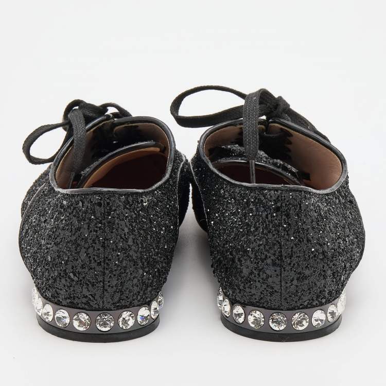 Pre Owned Miu Miu Black Glitter Crystal Embellished Heels Lace Up Derby Size 38