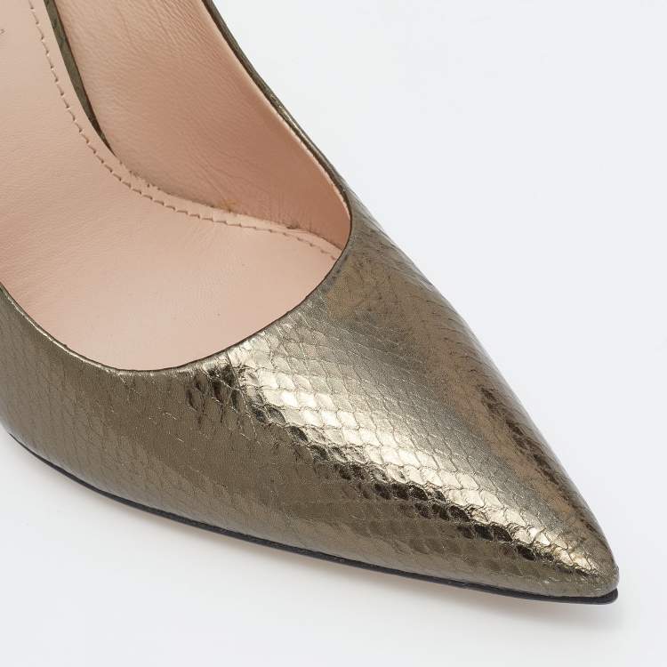 Pre Owned Miu Miu Metallic Bronze Snakeskin Embossed Leather Pointed Toe Pumps Size 38