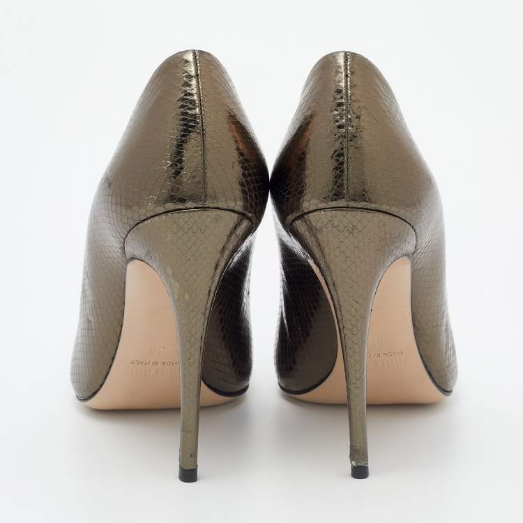 Pre Owned Miu Miu Metallic Bronze Snakeskin Embossed Leather Pointed Toe Pumps Size 38