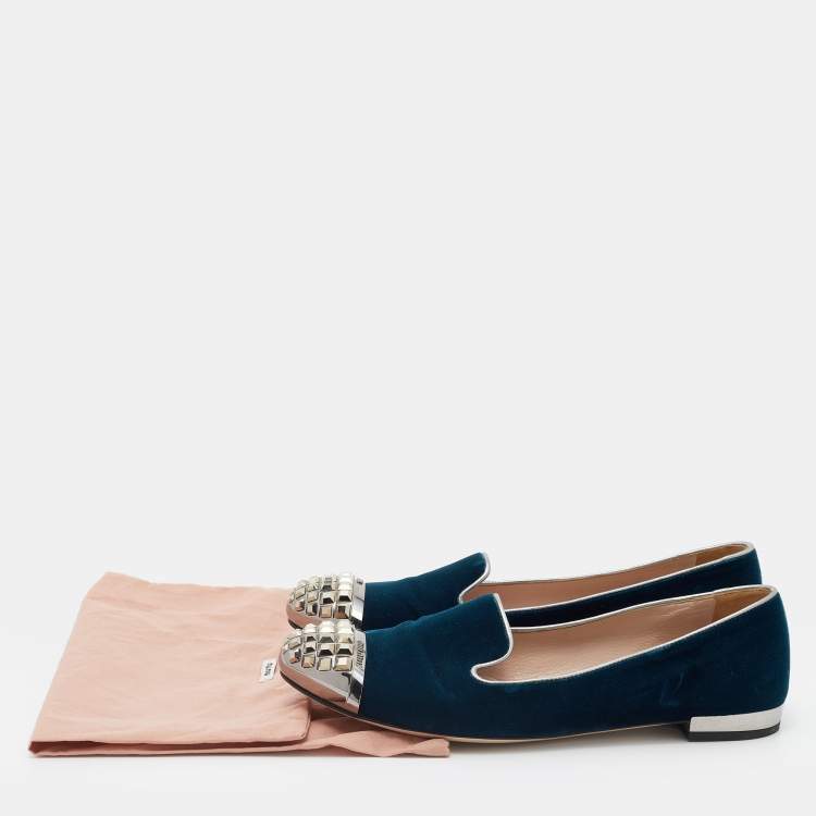 Pre Owned Miu Miu Blue Velvet Embellished Cap Toe Smoking Slippers Size 37