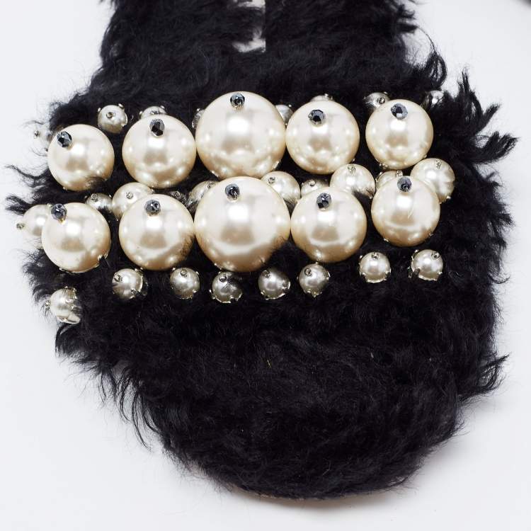 Pre Owned Miu Miu Black Faux Fur Pearl Embellished Slide Flats Size 38