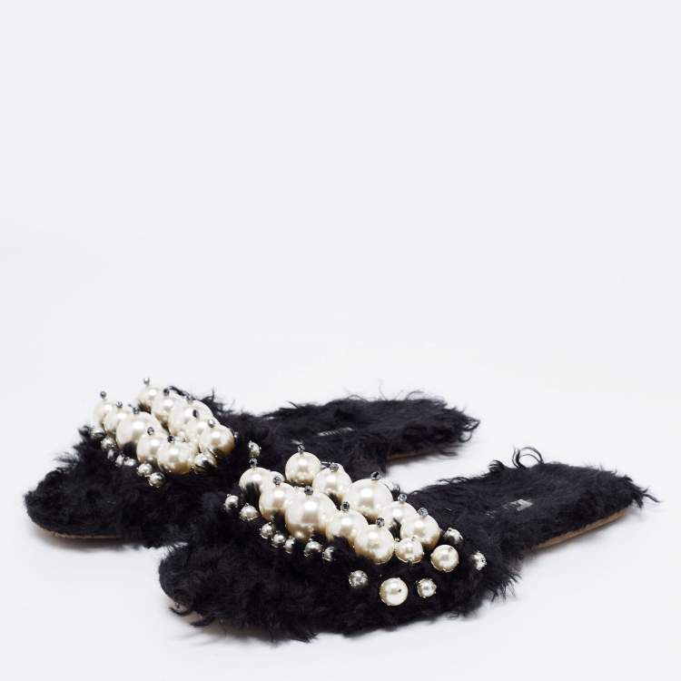 Pre Owned Miu Miu Black Faux Fur Pearl Embellished Slide Flats Size 38