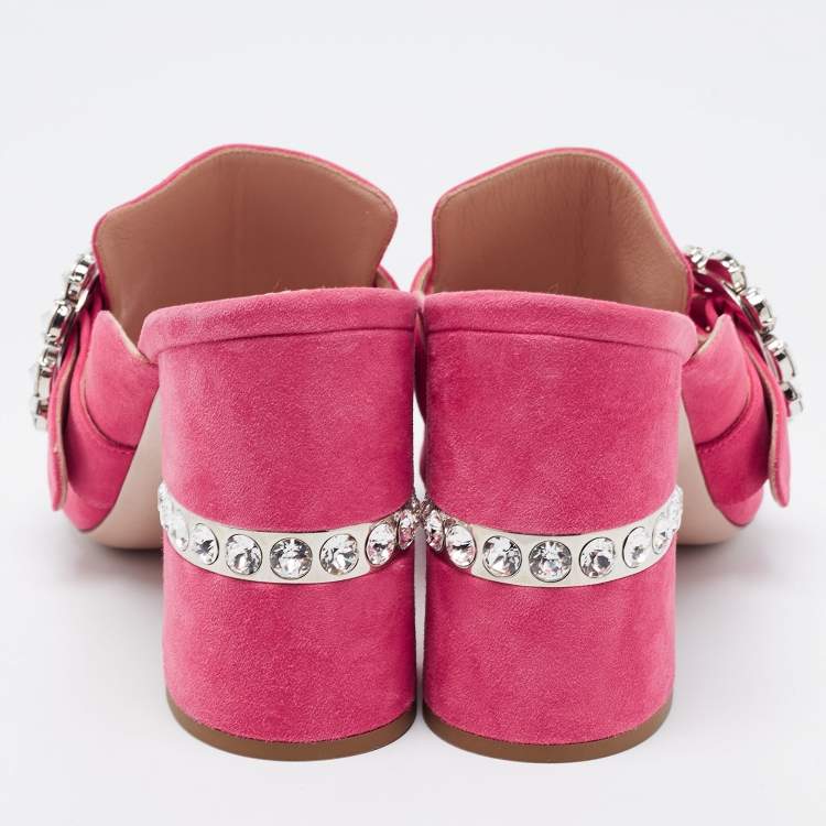 مملوكة مسبقًا Miu Miu Pink Suede Crystals Embellished Slide Sandals Size 37