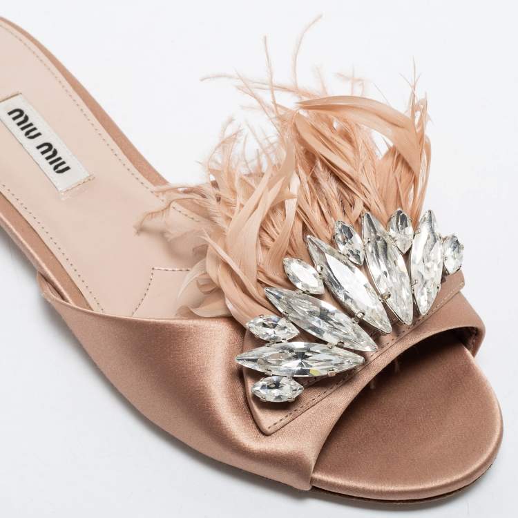 Pre Owned Miu Miu Pink Satin and Feather Crystal Embellished Flat Slides Size 37