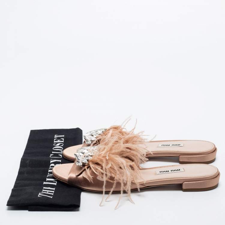 Pre Owned Miu Miu Pink Satin and Feather Crystal Embellished Flat Slides Size 37