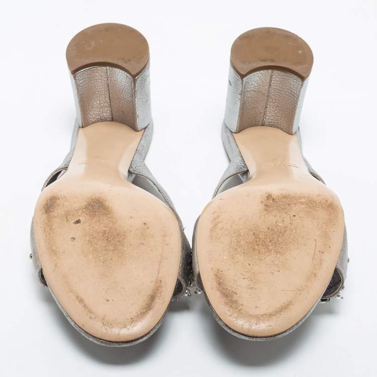 Pre Owned Miu Miu Silver Leather Crystal And Pearl Embellished Slide Sandals Size 40