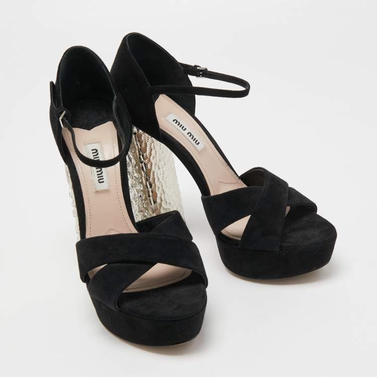 Pre Owned Miu Miu Black Suede Crystal Embellished Ankle Strap Sandals Size 37.5