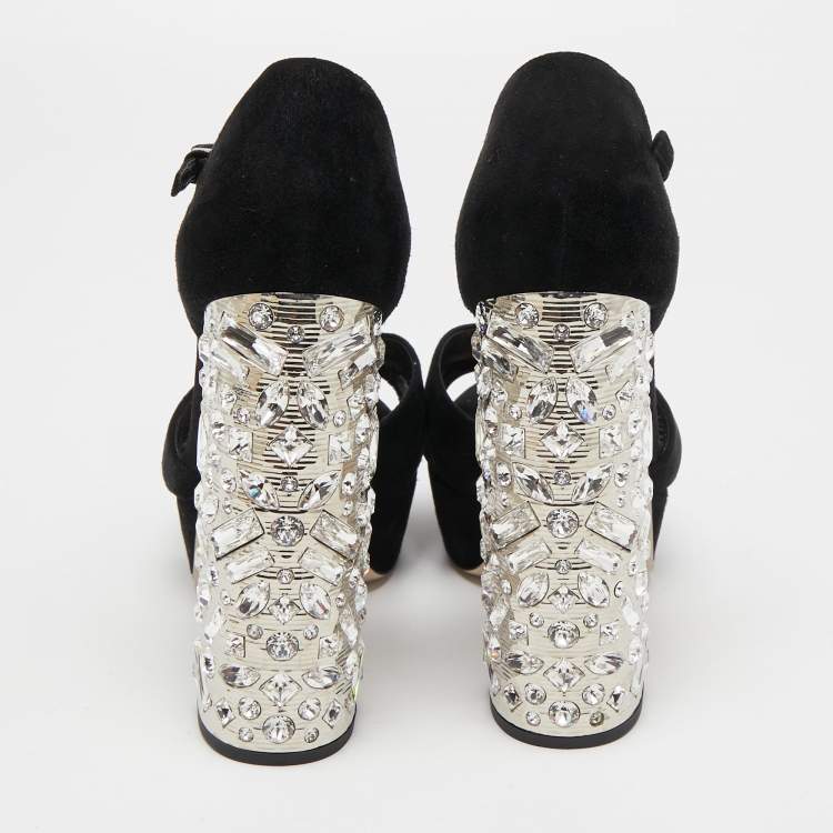 Pre Owned Miu Miu Black Suede Crystal Embellished Ankle Strap Sandals Size 37.5