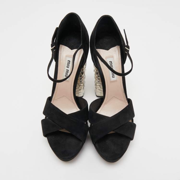 Pre Owned Miu Miu Black Suede Crystal Embellished Ankle Strap Sandals Size 37.5