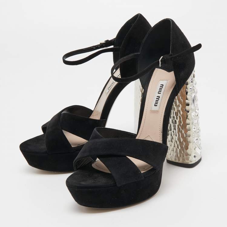 Pre Owned Miu Miu Black Suede Crystal Embellished Ankle Strap Sandals Size 37.5