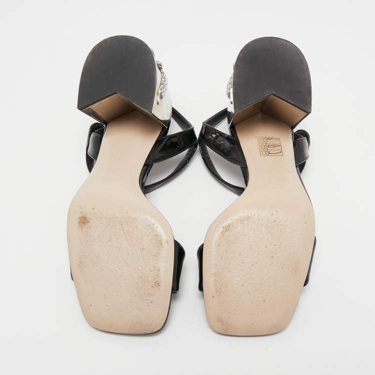 Pre Owned Miu Miu Black Patent Leather Crystal Embellished Block Heel Ankle Strap Sandals Size 36