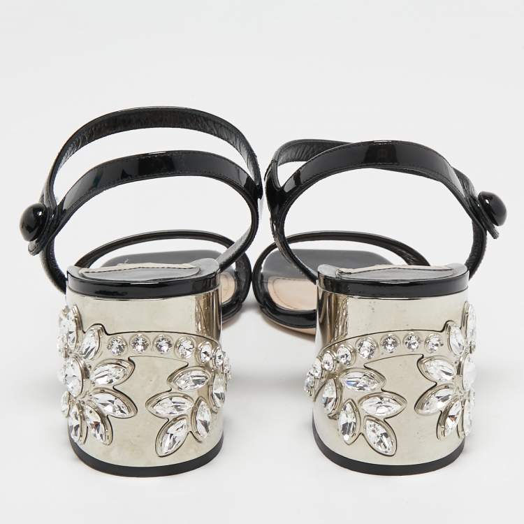 Pre Owned Miu Miu Black Patent Leather Crystal Embellished Block Heel Ankle Strap Sandals Size 36