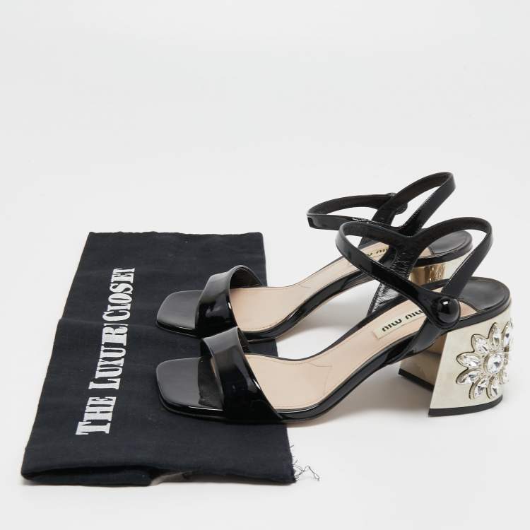 Pre Owned Miu Miu Black Patent Leather Crystal Embellished Block Heel Ankle Strap Sandals Size 36
