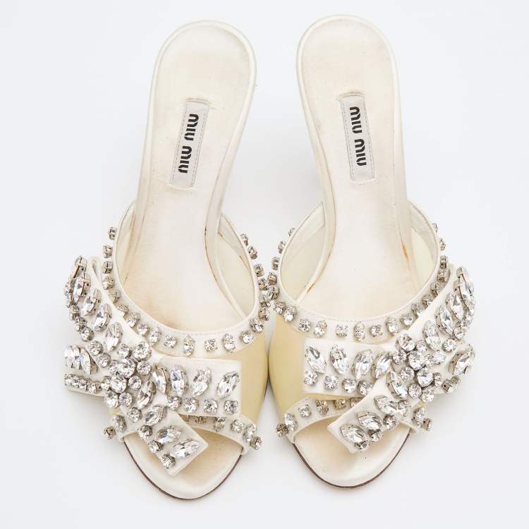 Pre Owned Miu Miu White Satin and PVC Crystal Embellished Slide Sandals Size 37