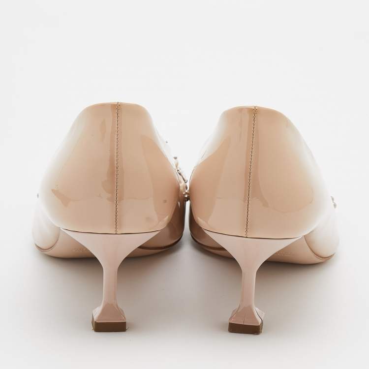 Pre Owned Miu Miu Beige Patent Leather Crystal and Pearl Embellished Pumps Size 39