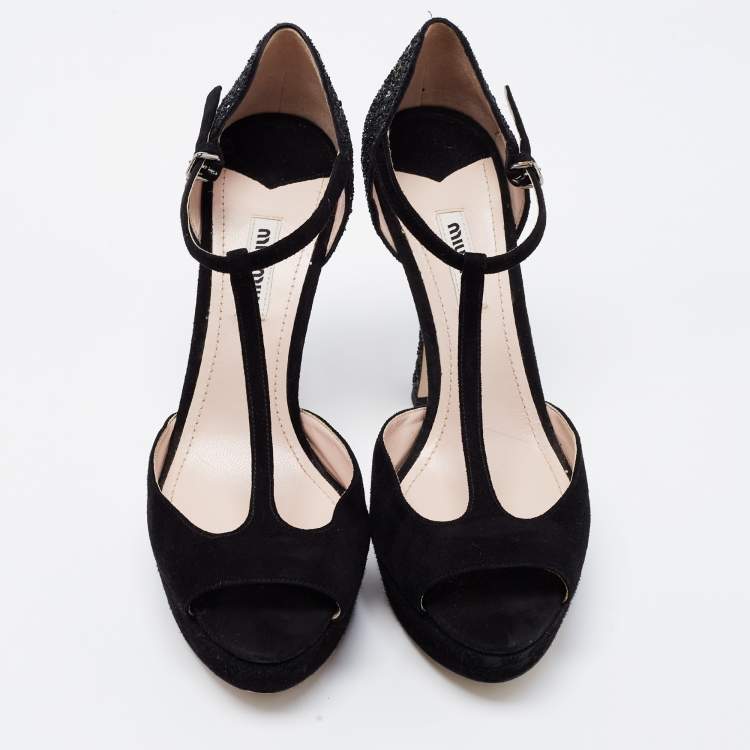 Pre Owned Miu Miu Black Suede and Coarse Glitter Open Toe Platform T-Strap Sandals Size 38.5