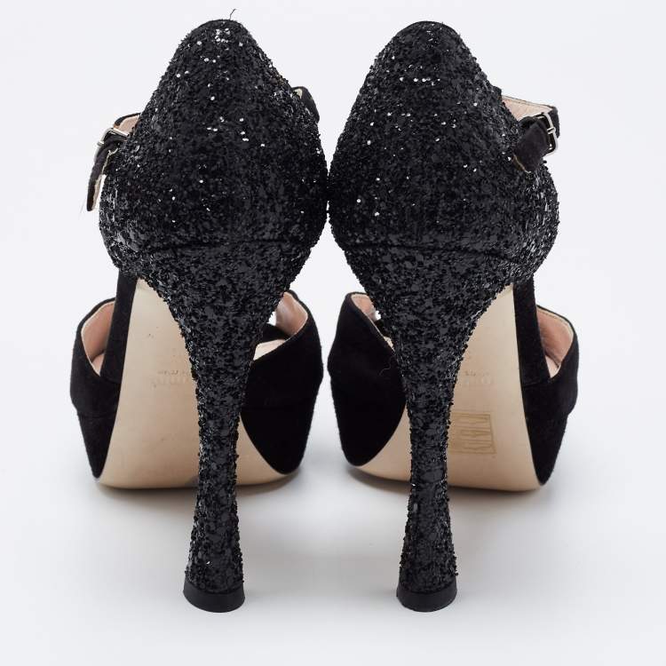 Pre Owned Miu Miu Black Suede and Coarse Glitter Open Toe Platform T-Strap Sandals Size 38.5